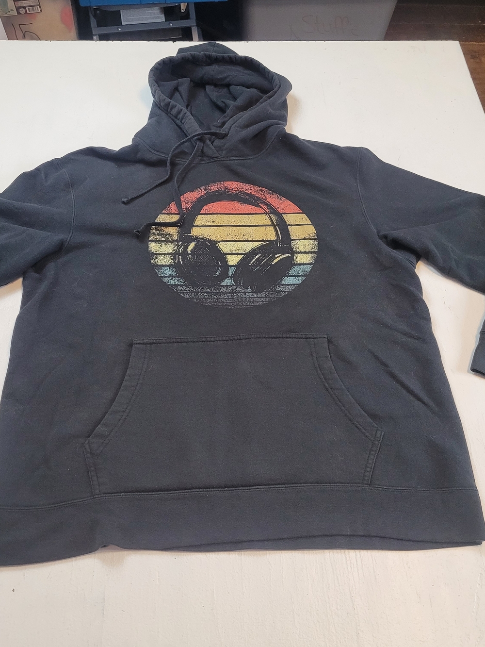 Men's Black Graphic Hoodie with Retro Headphone Print